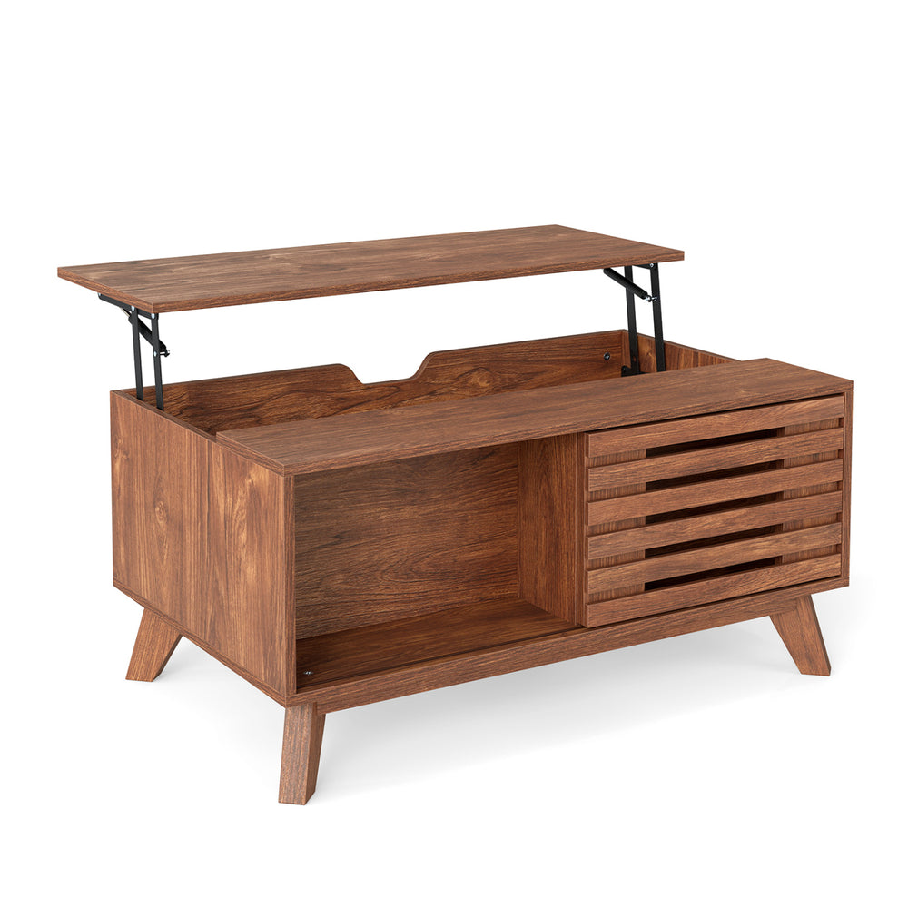 Lift top coffee table in brown with hidden storage, sliding doors, and tapered legs for stylish living room organization.