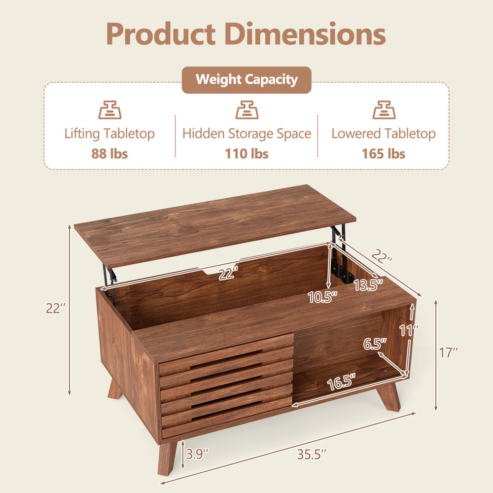 Lift top coffee table with hidden storage, sliding doors, and tapered legs, perfect for living rooms and home offices.