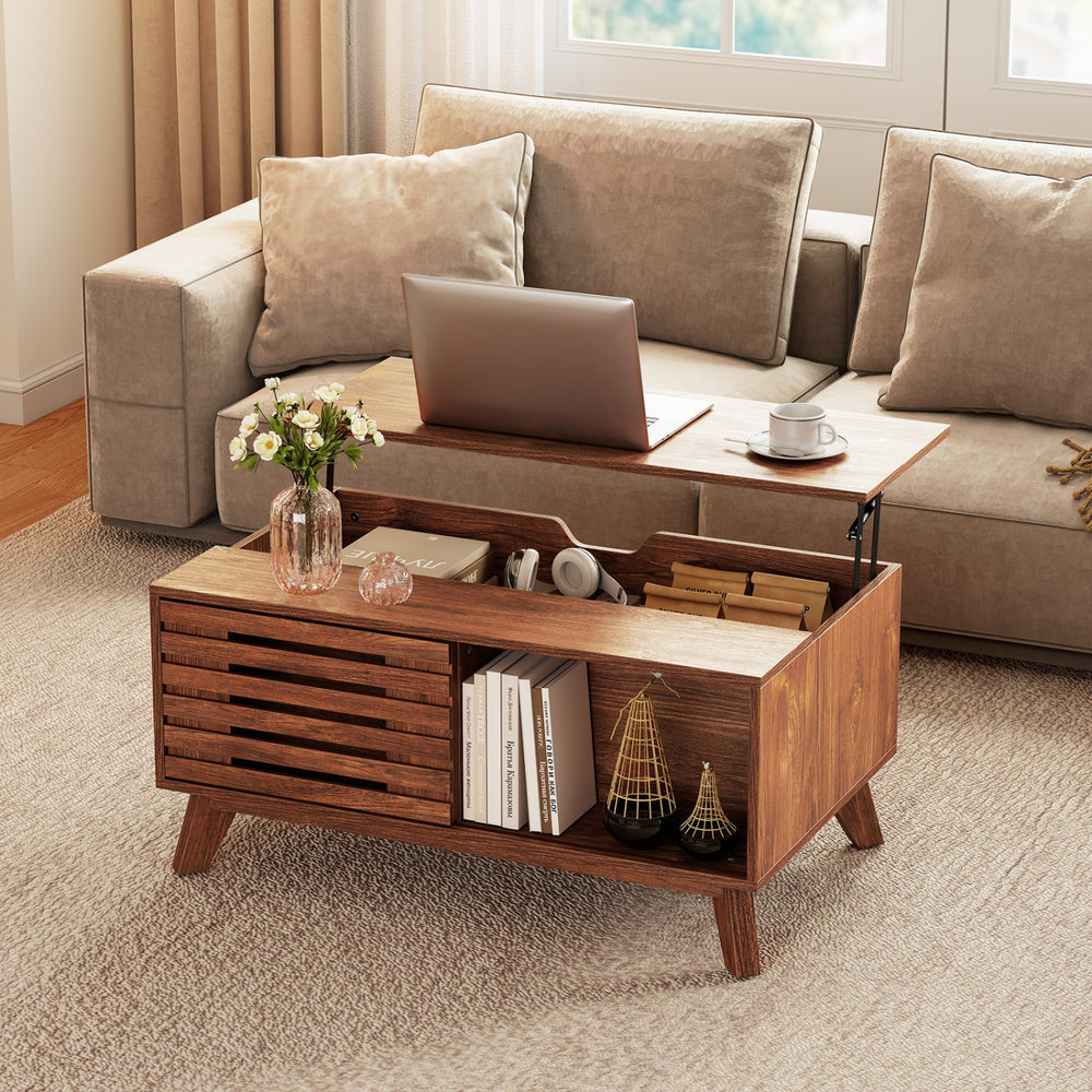 Lift-top coffee table in brown with hidden storage and sliding doors, perfect for living rooms and home offices.