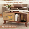 Lift top coffee table with slatted sliding door, brown finish, offering hidden storage and mid-century style for living rooms.
