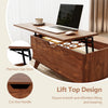 Lift-top coffee table in brown features hidden storage, sliding doors, and a premium gas strut for effortless access.