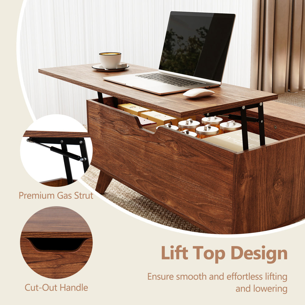 Lift-top coffee table in brown features hidden storage, sliding doors, and a premium gas strut for effortless access.