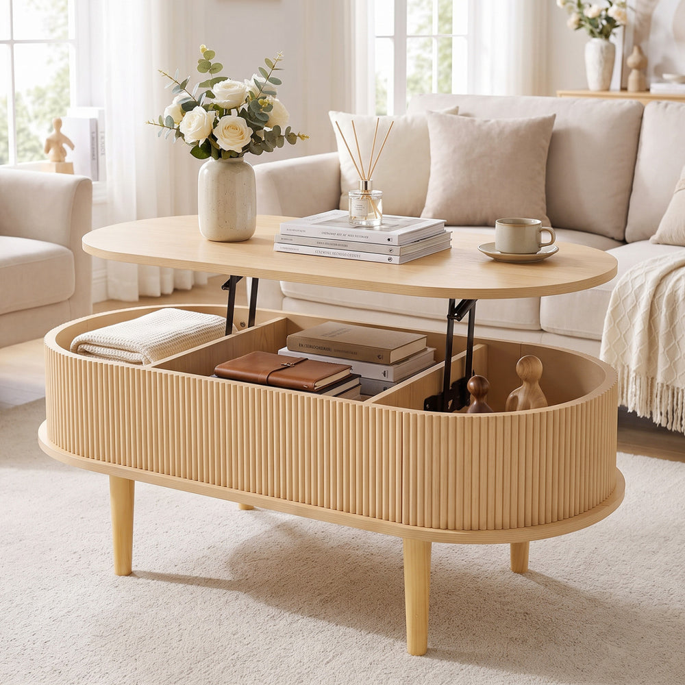 43.5" Oval Lift Top Coffee Table with Storage and Fluted Design for Living Room-Natural - Gallery View 1 of 10
