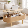 Oval lift top coffee table with storage, fluted design, and solid wood legs, perfect for living room work and leisure.