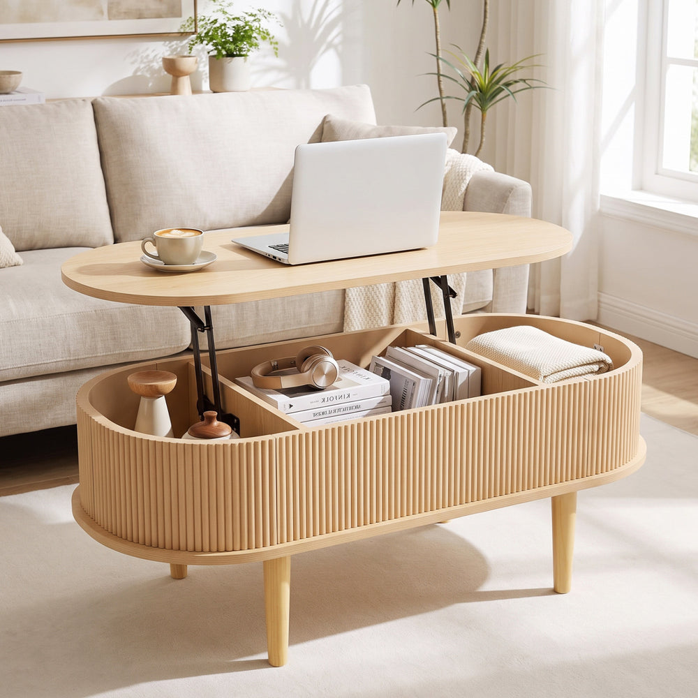 Oval lift top coffee table with storage, fluted design, and solid wood legs, perfect for living room work and leisure.