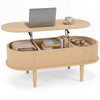 Oval lift top coffee table with storage and fluted design, featuring three compartments for books and snacks in natural finish.