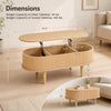 Oval lift top coffee table in natural finish features fluted design, ample storage, and smooth lifting mechanism for versatile use.