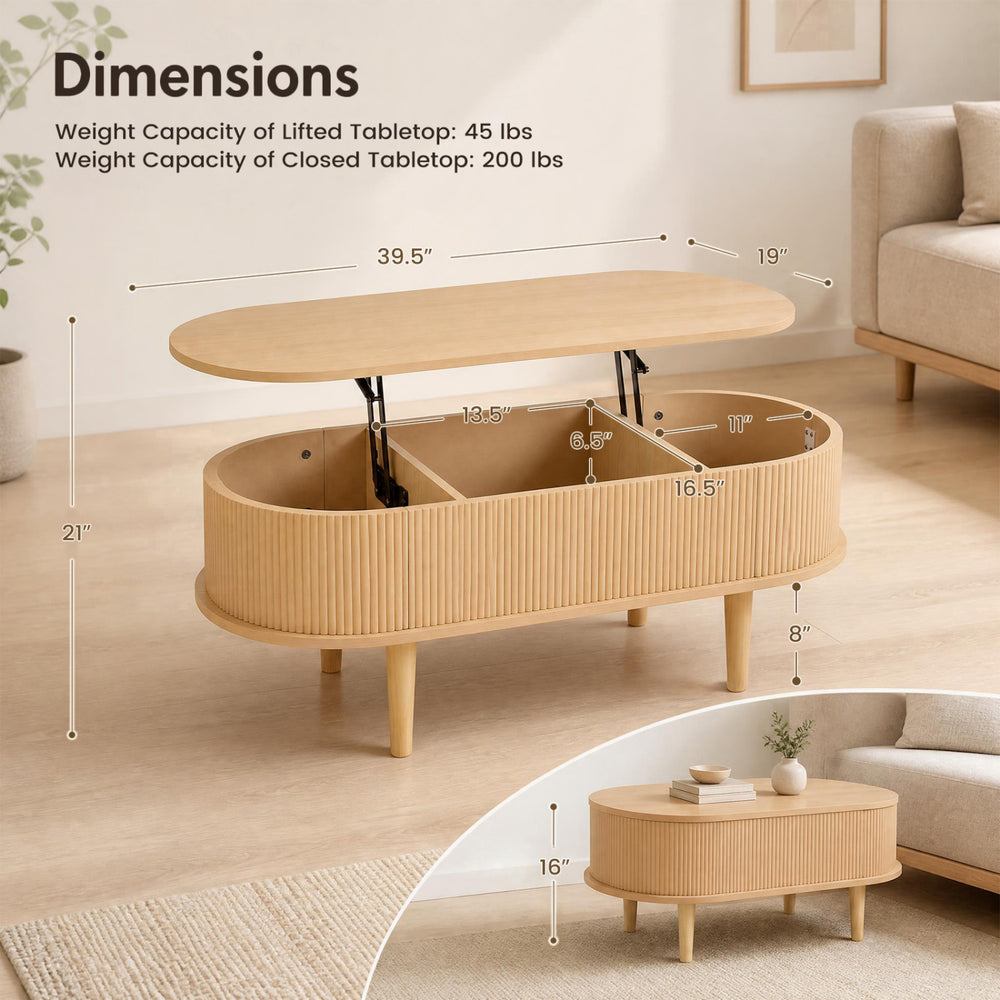 Oval lift top coffee table in natural finish features fluted design, ample storage, and smooth lifting mechanism for versatile use.