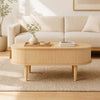 Oval lift top coffee table with fluted design and storage compartments, perfect for living room organization and style.