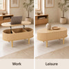 Oval lift top coffee table with fluted design, featuring storage compartments for work and leisure in natural finish.