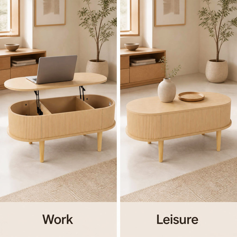 Oval lift top coffee table with fluted design, featuring storage compartments for work and leisure in natural finish.