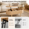 Oval lift top coffee table with storage, fluted design, and premium gas struts for smooth lifting in natural finish.