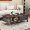 Modern wooden center table in walnut with 2 compartments and sturdy metal legs, perfect for living room storage.