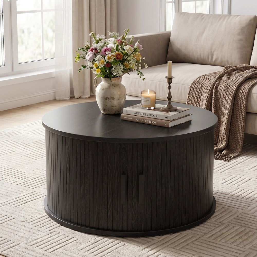23.5" Round Coffee Table with Storage and Sliding Tambour Door for Living Room-Black - Gallery View 1 of 10