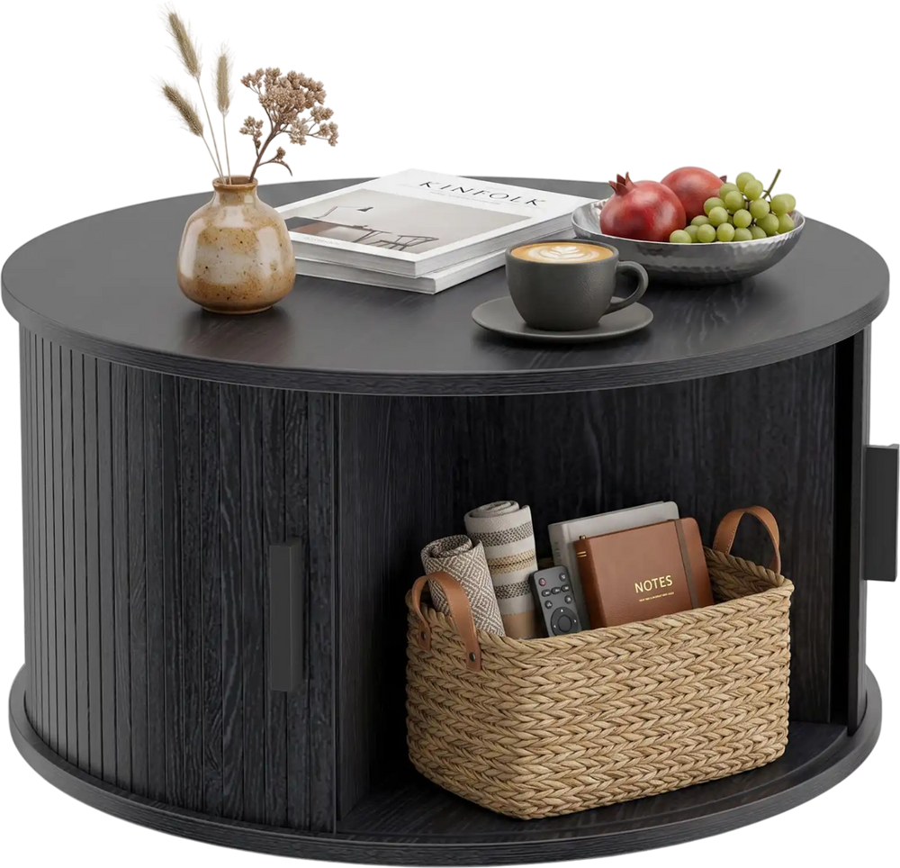 Round black coffee table with storage, fluted design, and sliding tambour door for organized living room space.