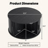 Round black coffee table with storage and sliding tambour door, featuring a spacious tabletop and fluted design for living room use.