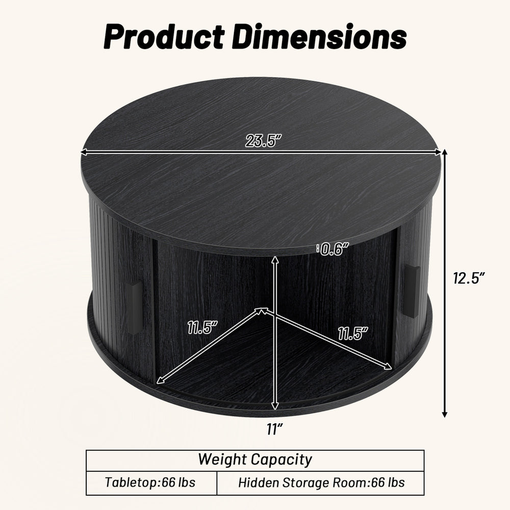 Round black coffee table with storage and sliding tambour door, featuring a spacious tabletop and fluted design for living room use.