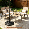 Weighted round umbrella base in black, made of weather-resistant resin, suitable for 1.5" and 1.9" poles for outdoor use.