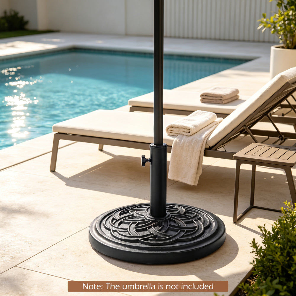 Weighted round umbrella base in black, made of weather-resistant resin, fits 1.5" and 1.9" poles for outdoor use.