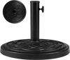 Round umbrella base in black with decorative surface, adjustable knob, and anti-slip pads for stable outdoor placement.