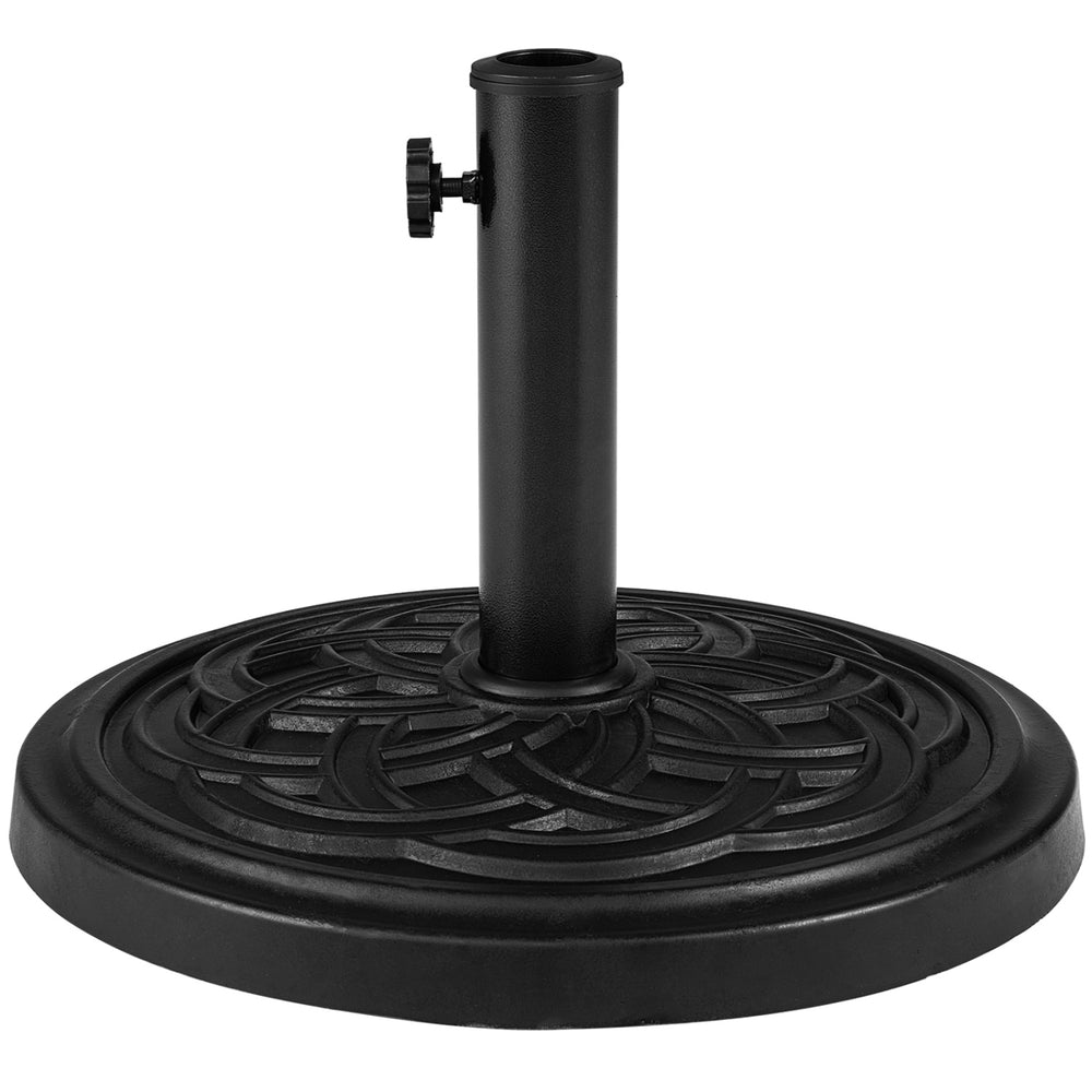 Weighted round umbrella base in black, made of weather-resistant resin, fits 1.5" and 1.9" poles for outdoor stability.