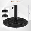 Weighted round umbrella base in black, made of weather-resistant resin, fits 1.5" and 1.9" poles for stability.