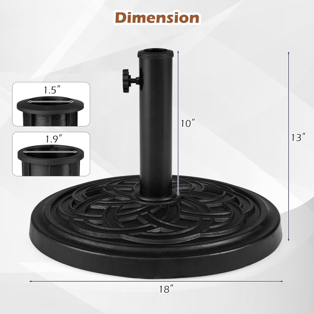Weighted round umbrella base in black, made of weather-resistant resin, fits 1.5" and 1.9" poles for stability.