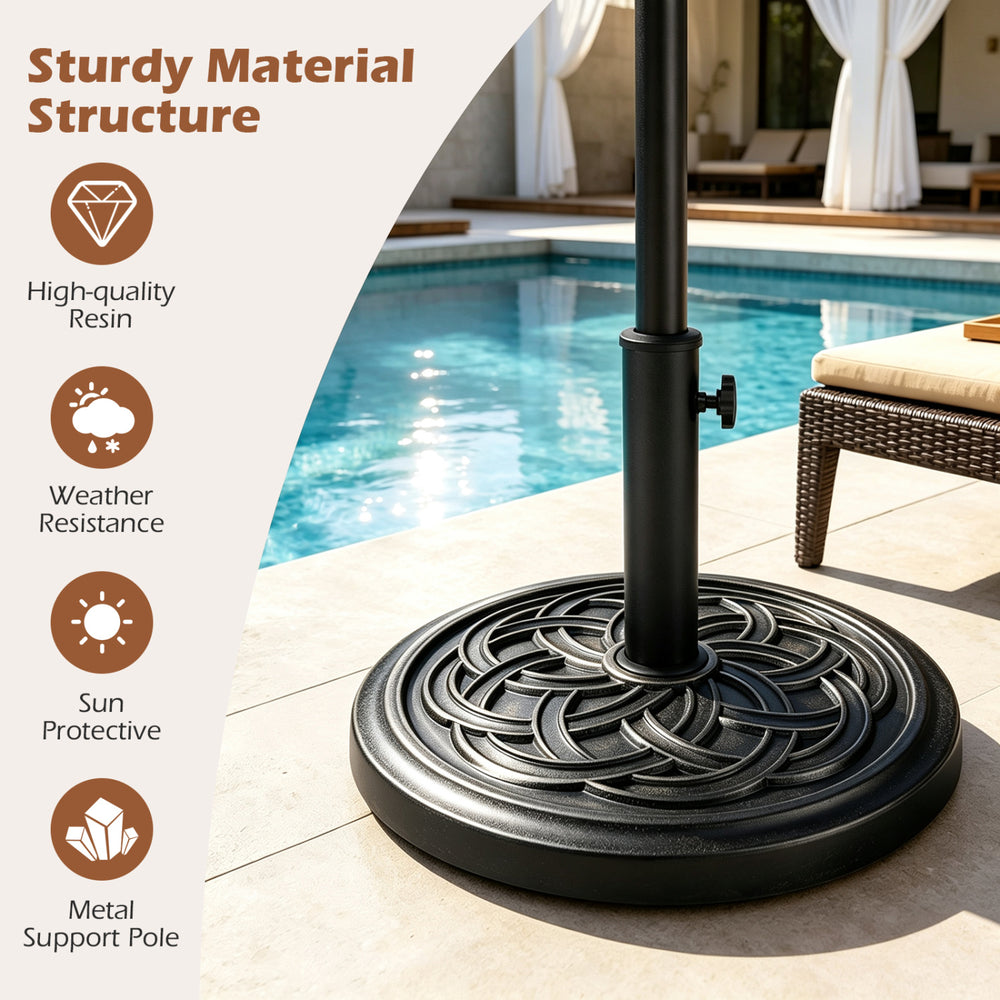 Weighted round umbrella base made of high-quality resin, featuring an adjustable knob for 1.5" and 1.9" poles.