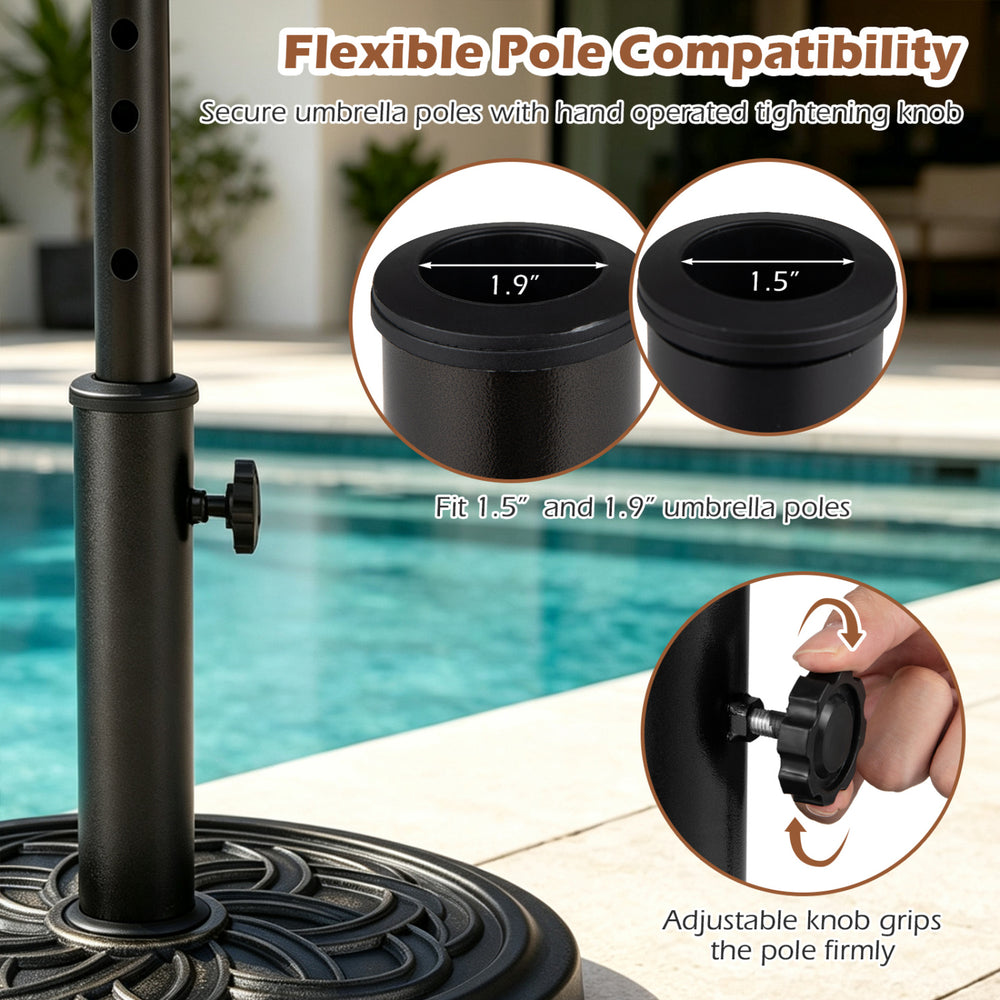 24 lbs weighted round umbrella base in black with adjustable knob, compatible with 1.5" and 1.9" poles for stability.