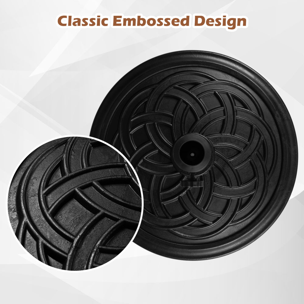 Weighted round umbrella base in black with classic embossed design, adjustable knob, and fits 1.5" and 1.9" poles.