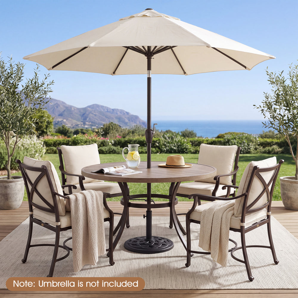 Round 16.5" patio umbrella base in black, crafted from fade-resistant resin, ensures stability for outdoor umbrellas.