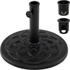 Black 20 lbs patio umbrella base with a 17" round design and adapters for 1.5" and 1.9" poles, ideal for outdoor use.