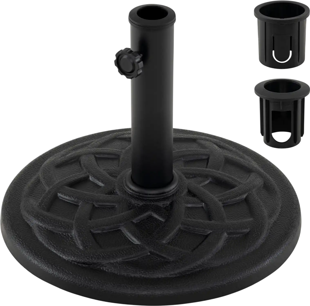 Black 20 lbs patio umbrella base with a 17" round design and adapters for 1.5" and 1.9" poles, ideal for outdoor use.