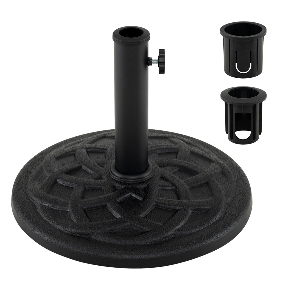 Round 20 lbs patio umbrella base in black, featuring a non-slip design and adapters for 1.5" and 1.9" poles.