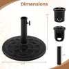 Round 20 lbs patio umbrella base in black features a 16.5" diameter and includes adapters for 1.5" and 1.9" poles.