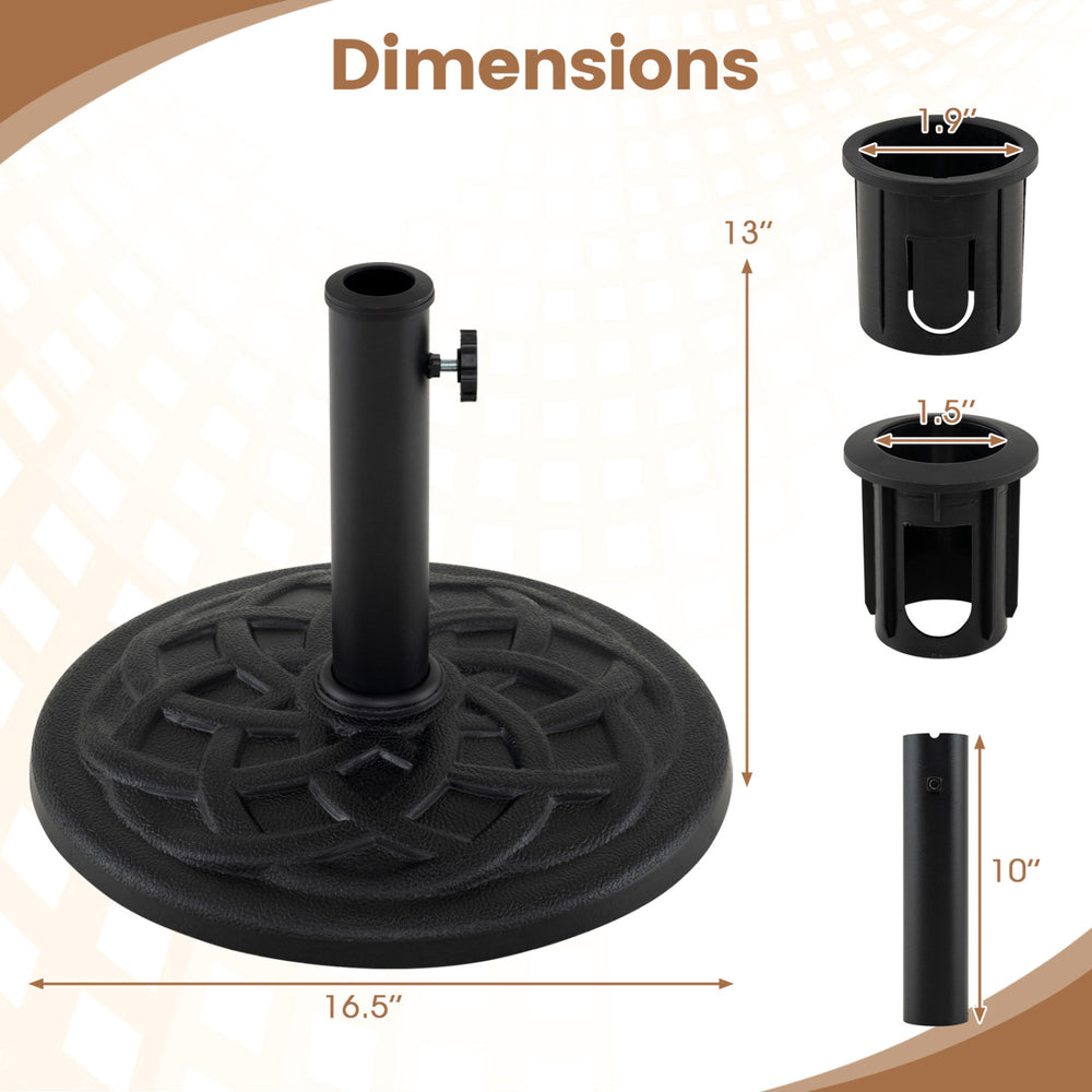 Round 20 lbs patio umbrella base in black features a 16.5" diameter and includes adapters for 1.5" and 1.9" poles.