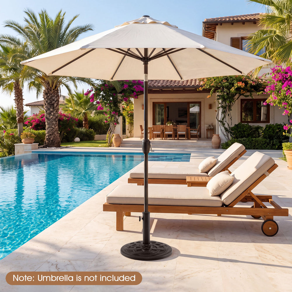 20 lbs round patio umbrella base in black with adapters, designed for stability on decks and poolside areas.