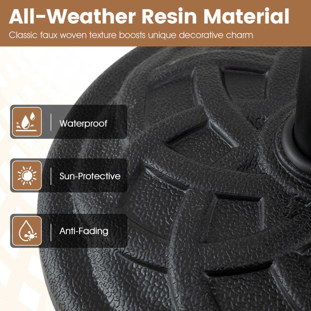 20 lbs round patio umbrella base in black, made from waterproof resin, ideal for securing umbrellas on patios and decks.