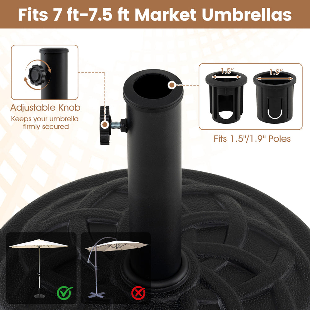 20 lbs round patio umbrella base with adjustable knob and adapters, designed for 7 ft-7.5 ft market umbrellas.