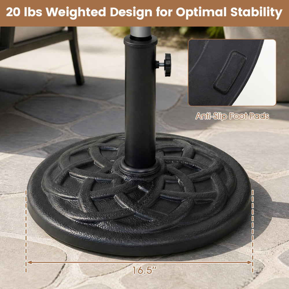20 lbs patio umbrella base features a 16.5" round design with non-slip foot pads for stability and secure umbrella support.