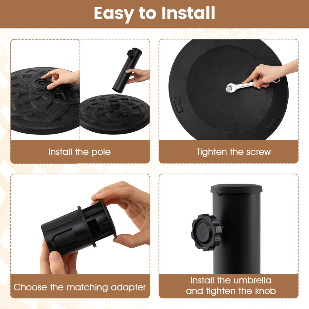 20 lbs round patio umbrella base with adapters for 1.5" and 1.9" poles, designed for stability and ease of installation.