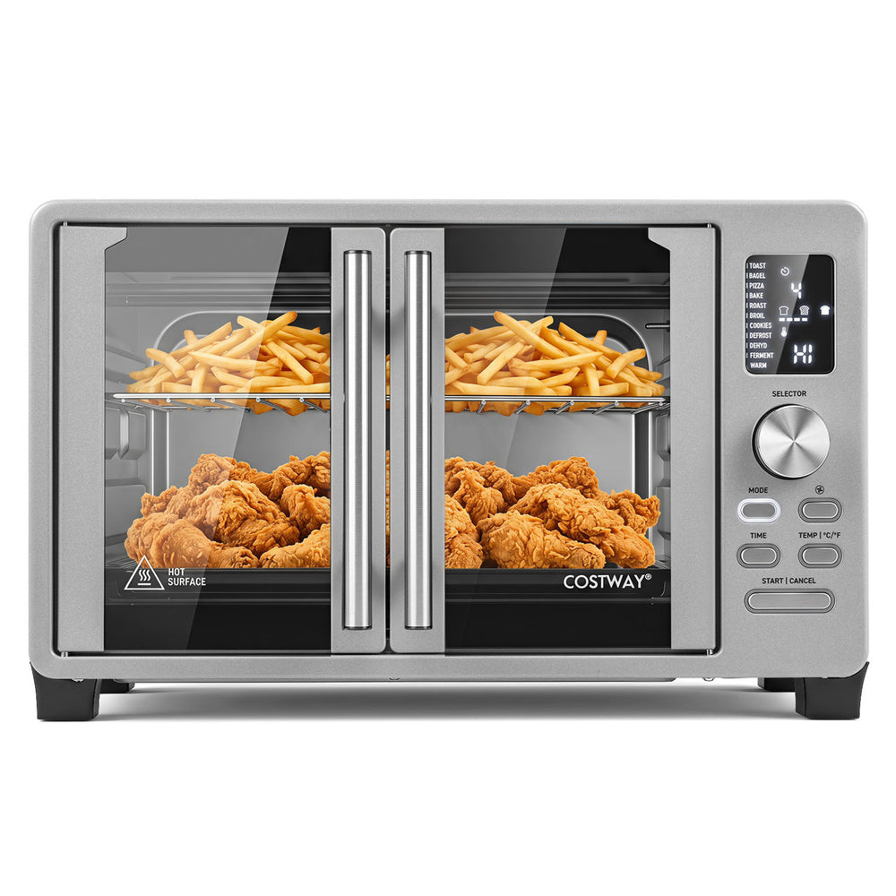 26.4 Quart French Door Convection Toaster Oven with dual heating, 11 presets, and tempered glass doors for easy cooking.