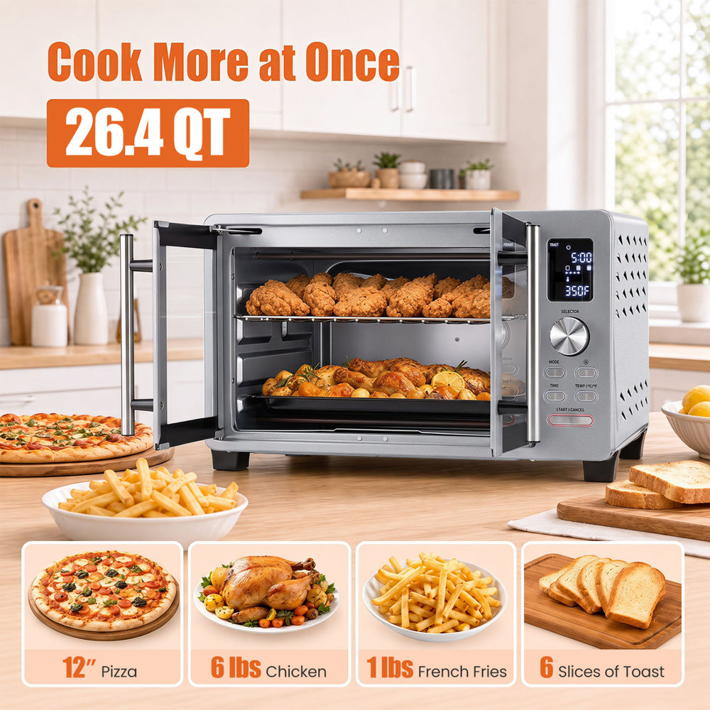 26.4 QT French door convection toaster oven with double doors, 11 presets, and capacity for pizza, chicken, and toast.