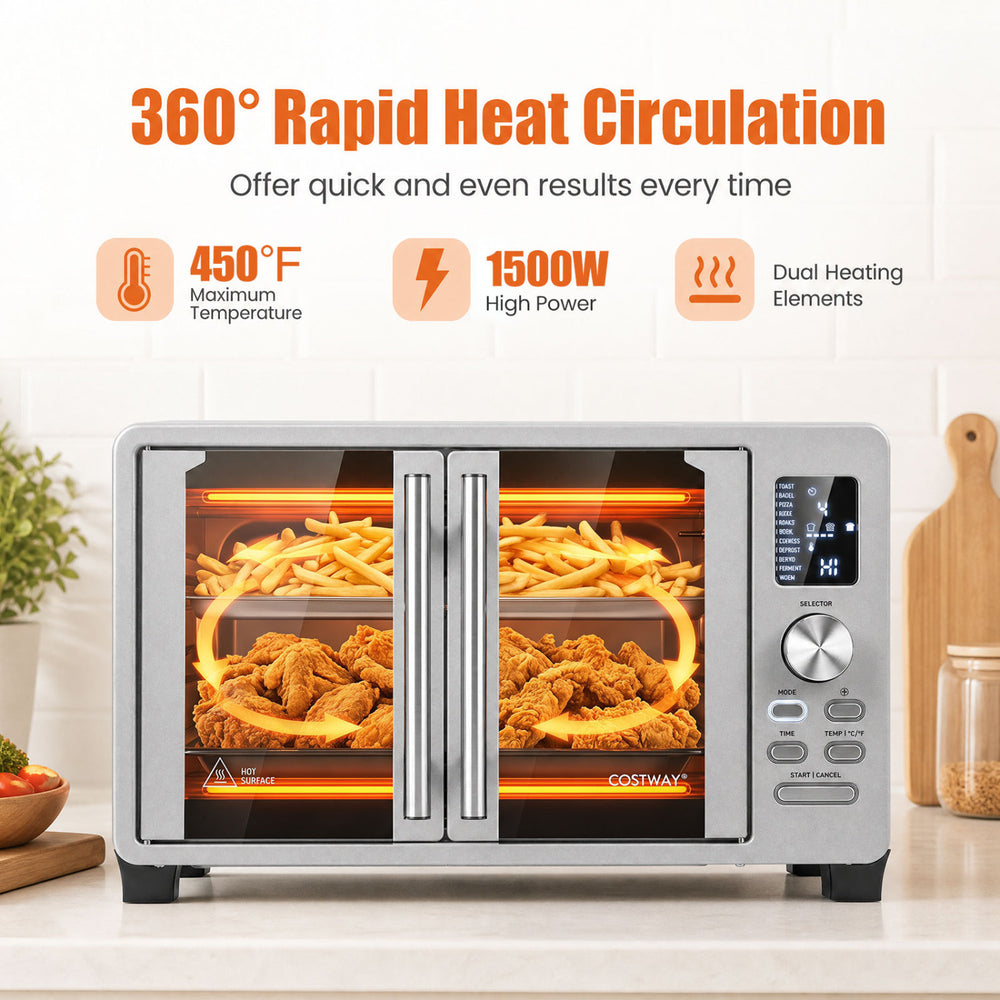 26.4 Quart French Door Convection Toaster Oven with 11 presets and 1500W power for versatile countertop cooking.