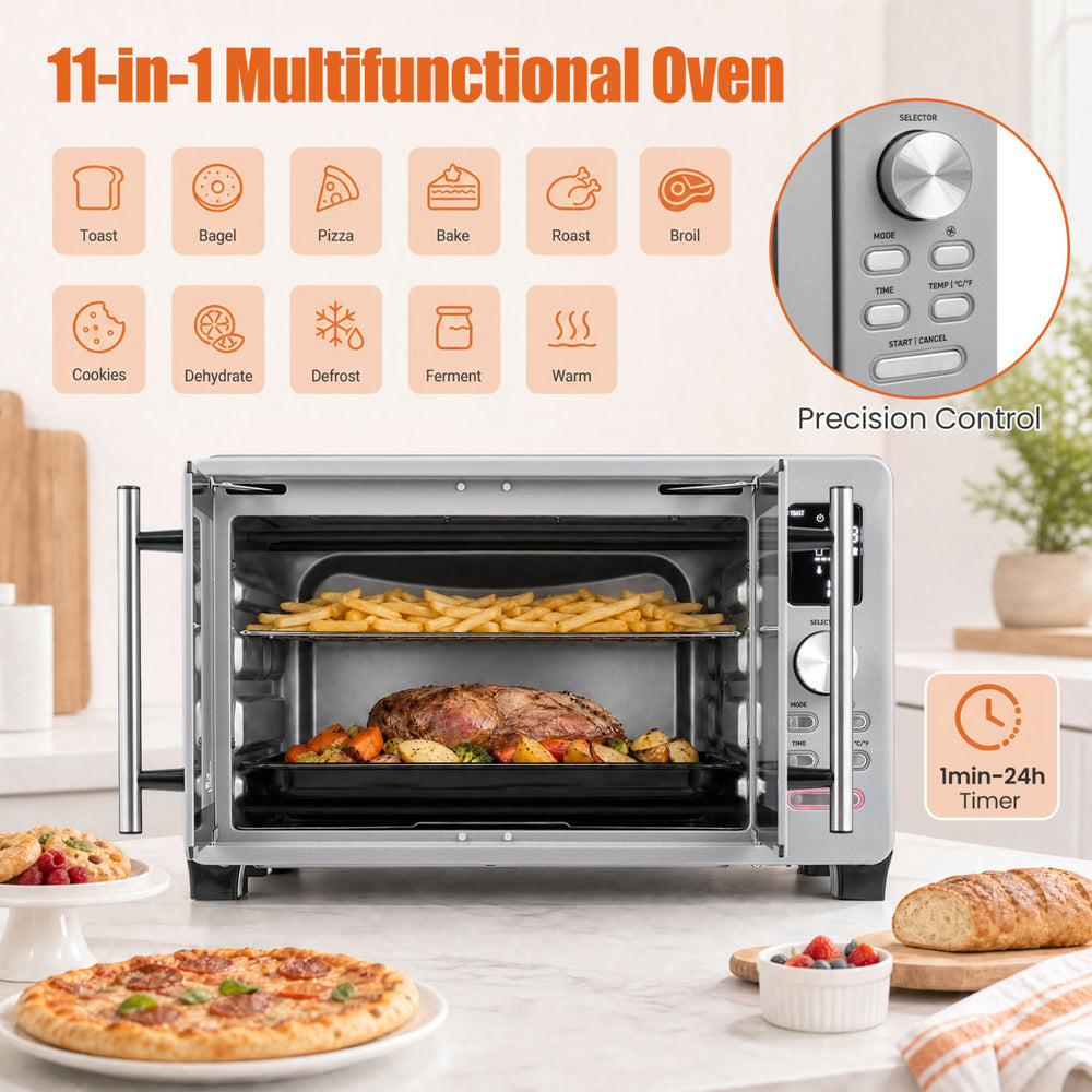 French door convection toaster oven with 26.4 QT capacity and 11 presets, ideal for versatile countertop cooking.