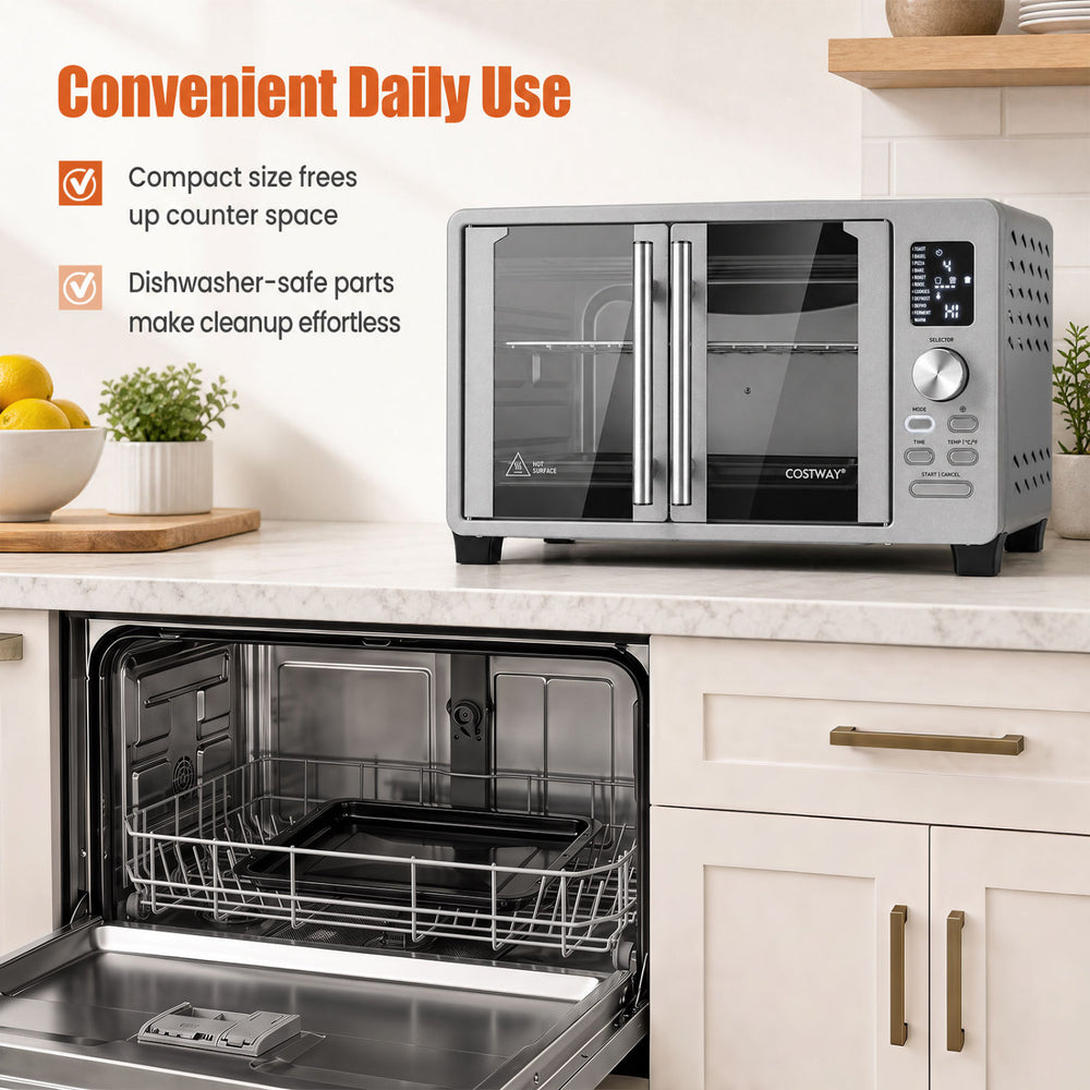 26.4 Quart French Door Convection Toaster Oven with dual heating, 11 presets, and easy-access side doors for convenient cooking.