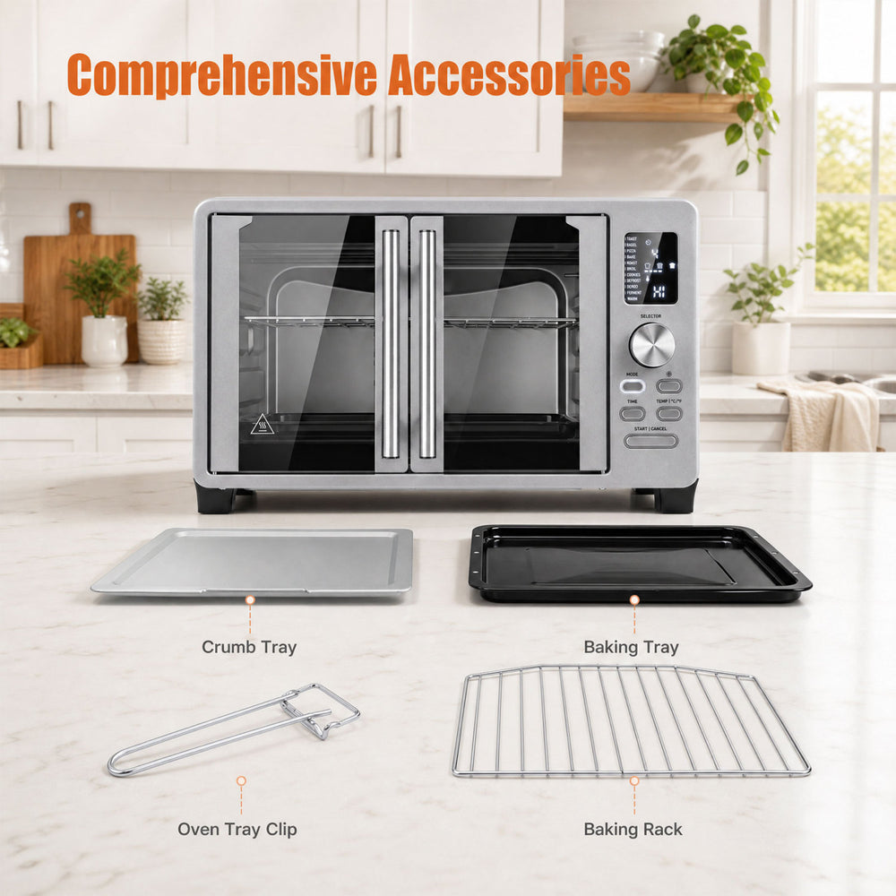 26.4 Quart French Door Convection Toaster Oven with crumb tray, baking tray, and oven tray clip for versatile cooking.