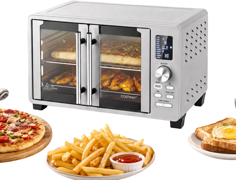 French door convection toaster oven with 26.4 QT capacity, 11 presets, and 1500W power for versatile cooking.