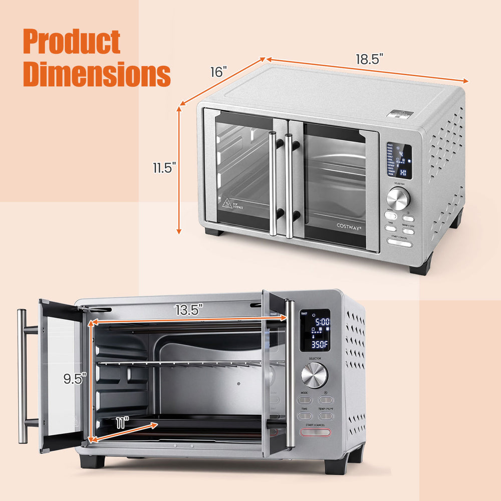 26.4 Quart French Door Convection Toaster Oven with double doors, 11 presets, and a 1500W efficient cooking design.