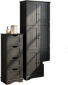 Black bathroom cabinet set featuring a 6-door tall cabinet and a 4-drawer cabinet, ideal for compact spaces and storage.